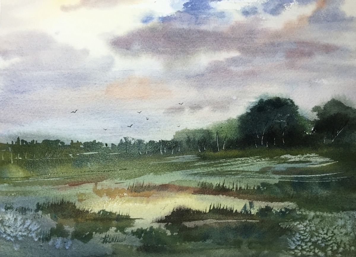 Impressionistic Landscape Watercolour By Jing Chen, 15 X 11, Before The Rain, Original Artwork