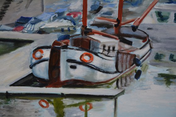 Marina Düsseldorf, Germany, Voorwaarts ship, View of famous Gehry buildings oil painting