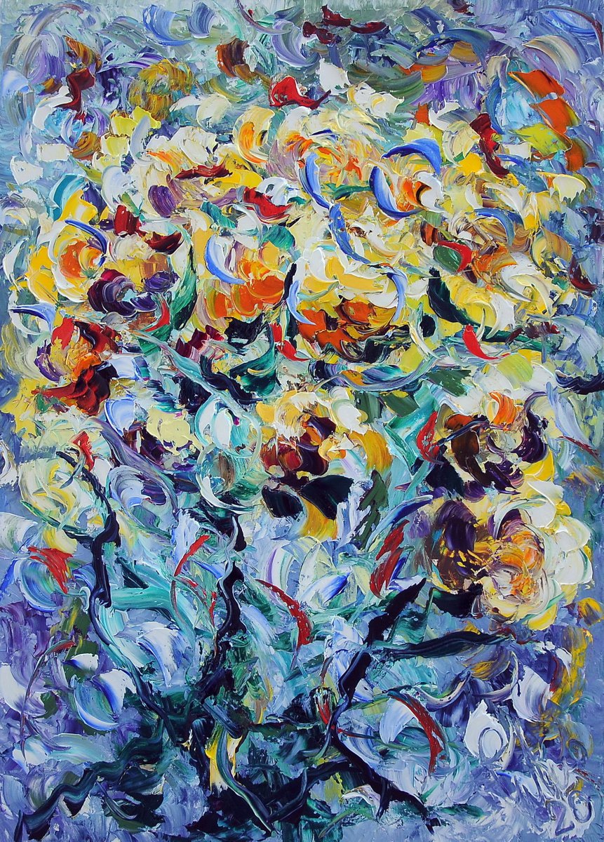 Impressionistic Abstract Oil Painting By Antonino Puliafico, 26 X 35, Rose Gialle, Original Artwork