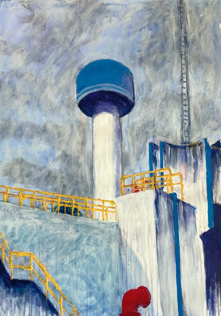 Impressionistic Cityscapes Acrylic Painting By John Cottee, 22 X 30, Waterworks, Original Artwork