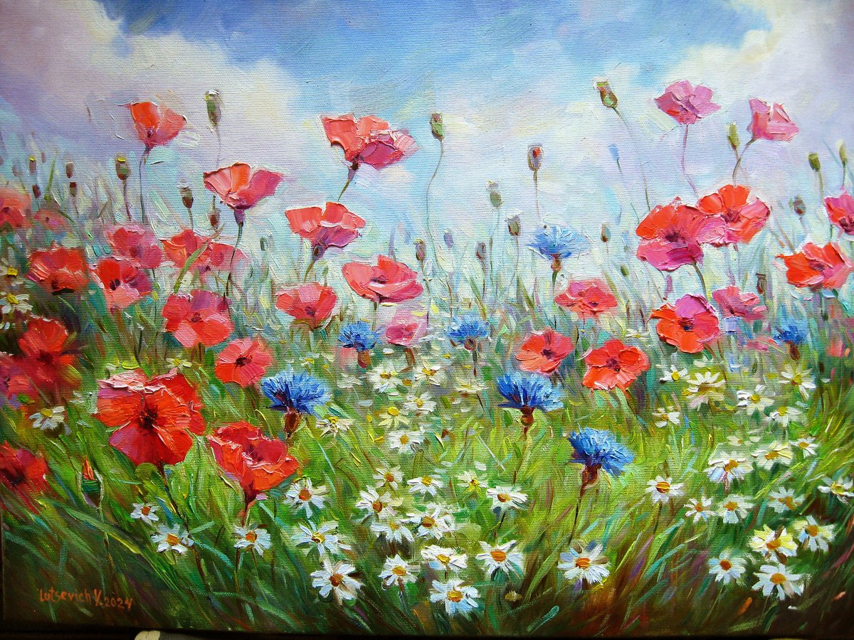 Impressionistic Landscape Oil Painting By Vladimir Lutsevich, 22 X 16", Wildflowers-2, Original Artwork