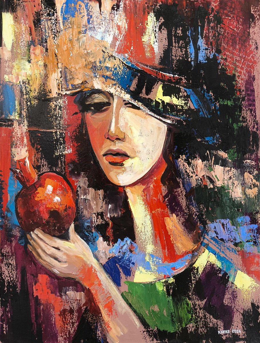 Impressionistic Portrait Oil Painting By Karine Harutyunyan, 20 X 24", Enigmatic Contemplation, Original Artwork