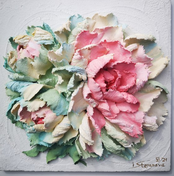 Light Peonies - 3d relief painting -Love is beautiful flowers, 20x20x4 cm