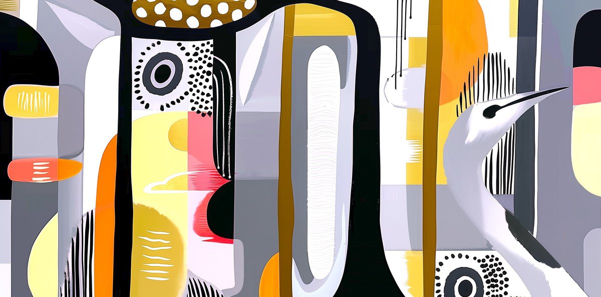 Abstract Acrylic Painting By V+V Kniazievi, 59 X 30", Geometric Abstraction With Birds #1, Original Artwork