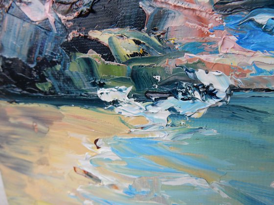 Landscape. Waves, sea, seacoast, mountains. Palette knife oil painting