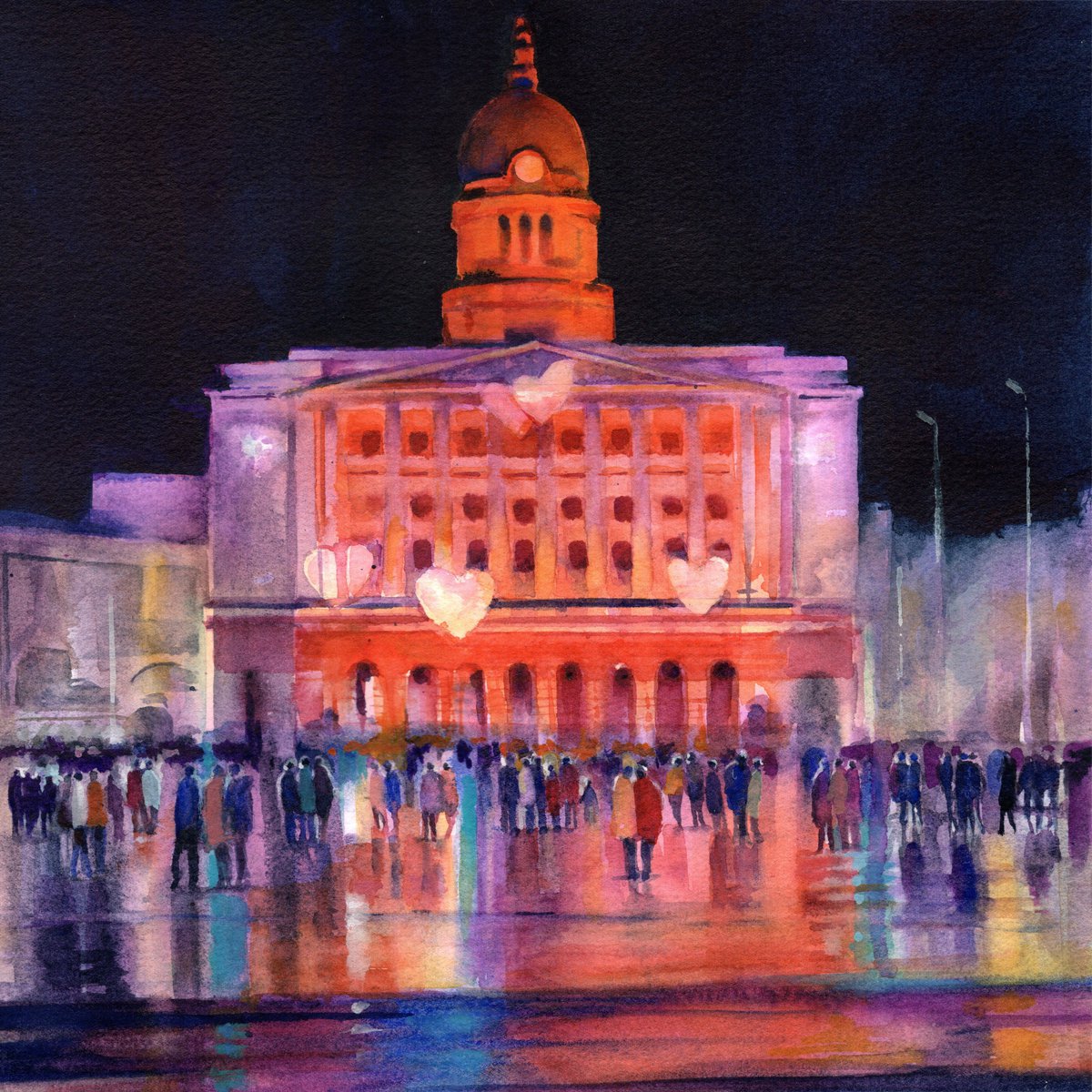 Impressionistic Watercolour , Nottingham Light Night I By Anjana Cawdell, 10 X 11, Artwork For Sale On Artfinder