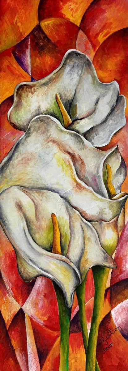 Botanical Oil Painting By Jg Wilson, 6 X 15, Calla Lilies N. 8, Original Artwork
