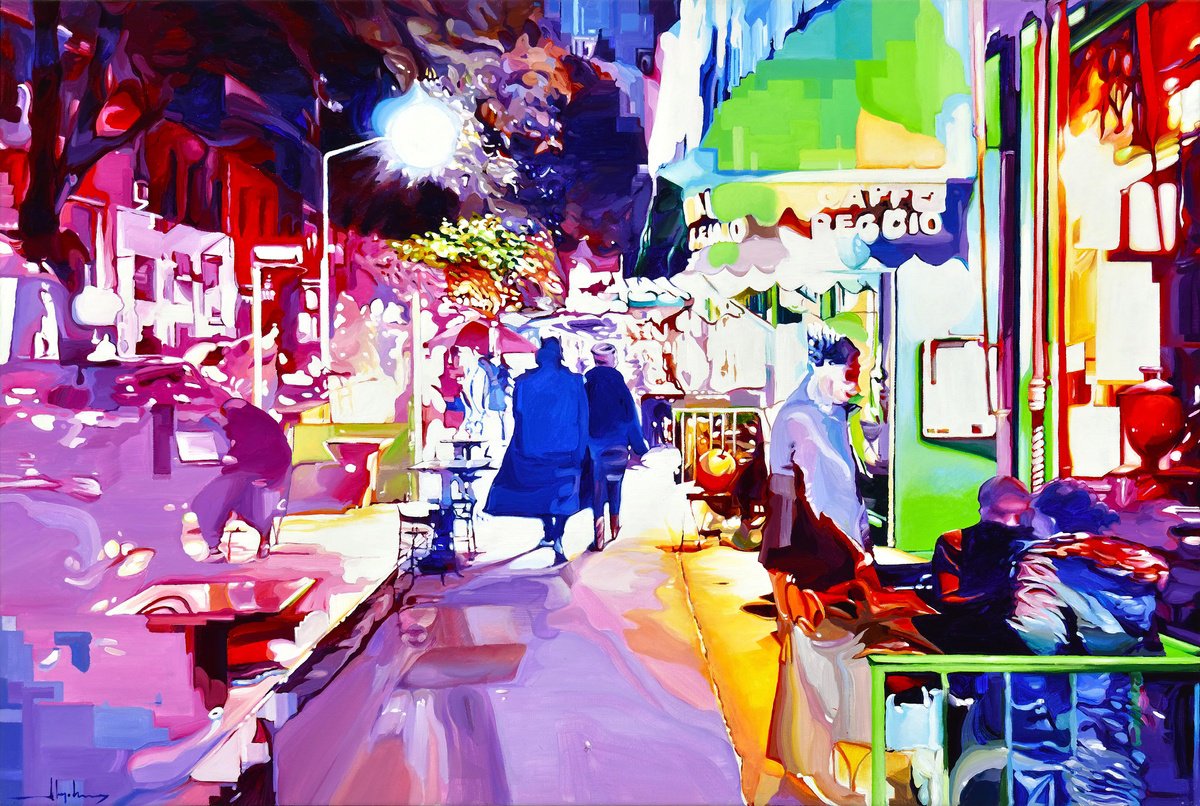 Organic Cityscapes Acrylic Painting By Alex Nizovsky, 36 X 24, Nocturne #26 / Ny Caffe Reggio, Original Artwork