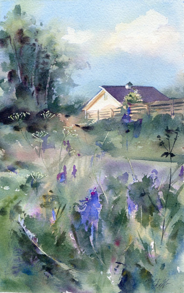 Small watercolor landscape, Summer outside the city by Yulia Evsyukova