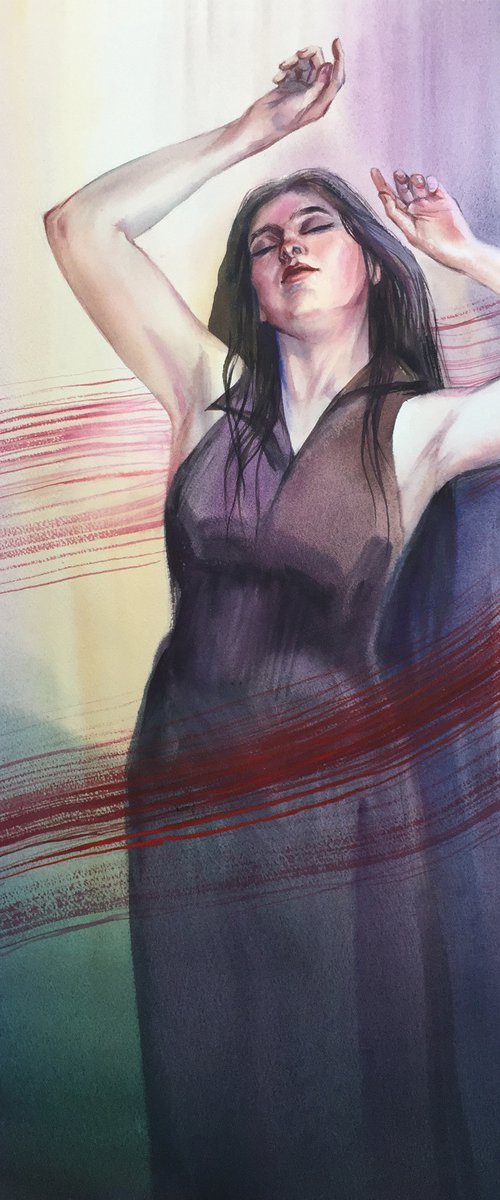 Last on the dance floor. Dancing woman, original watercolor. by Natalia Veyner