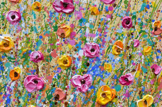 Sunshine Meadow - Textured Floral Painting, Palette knife art