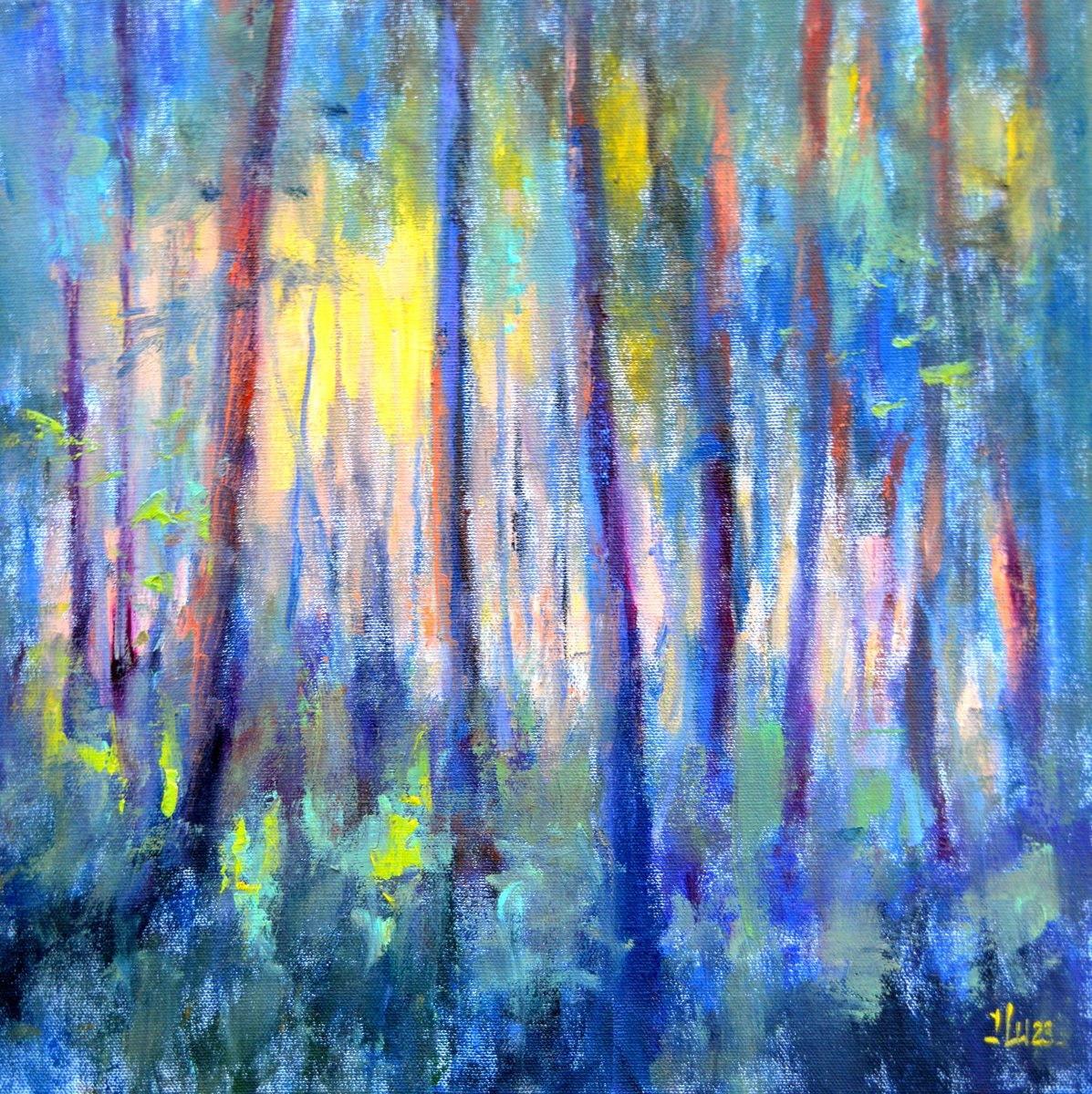 Impressionistic Landscape Oil Painting By Elena Lukina, 14 X 14, Light In The Forest, Original Artwork