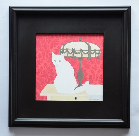 White Cat w Antique Lamp Before Red Damask a/k/a "Bianca"