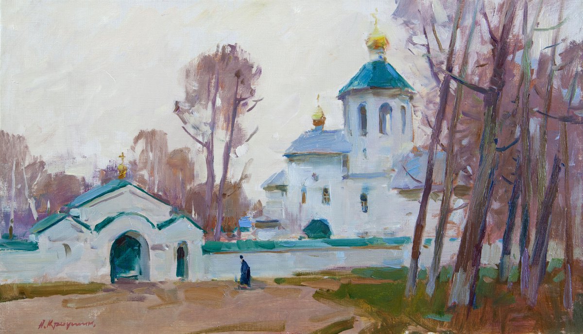 Impressionistic Landscape Oil Painting By Aleksandr Kryushyn, 30 X 18, On The Way To Evening Prayer, Original Artwork