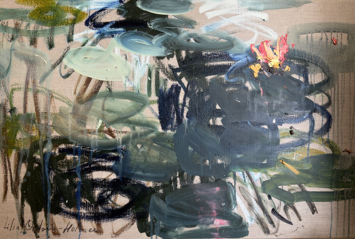 Expressive Abstract Oil Painting By Lilia Orlova-Holmes, 30 X 20", Water Lilies, Original Artwork