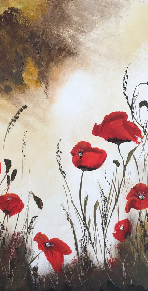 Red Poppies under a stormy sky by Marja Brown