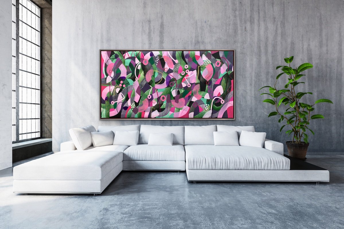 Organic Abstract Acrylic Painting By Rashna Hackett, 72 X 37", Unfolding Petals, Original Artwork