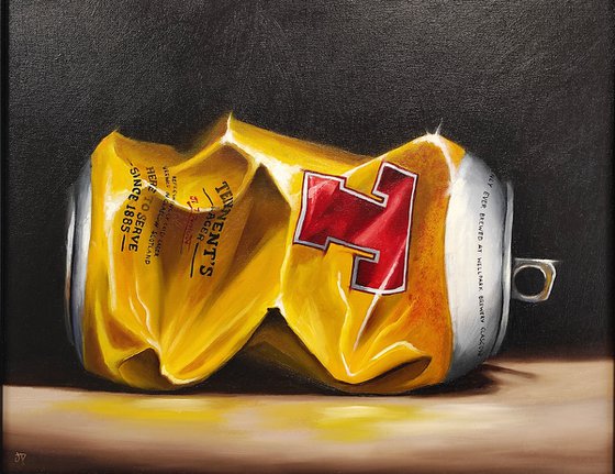 Crushed Tennents lager can still life