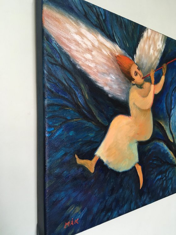 ANGEL - small oil painting with a magic angel in the sky Christmas gift home decor