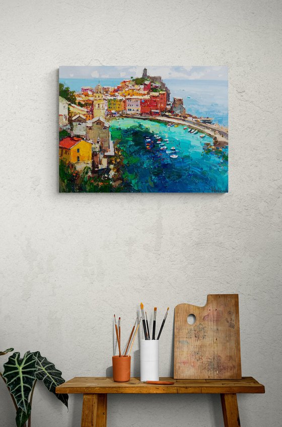 Vernazza Cinque Terre iItaly - Original impasto landscape painting textured Oil painting Italy wall art