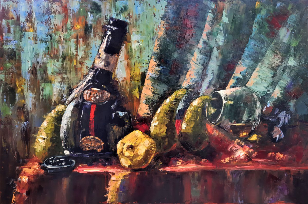 Cognac-pear still life. Armagnac on a red tablecloth, pears and quince, oil painting, men