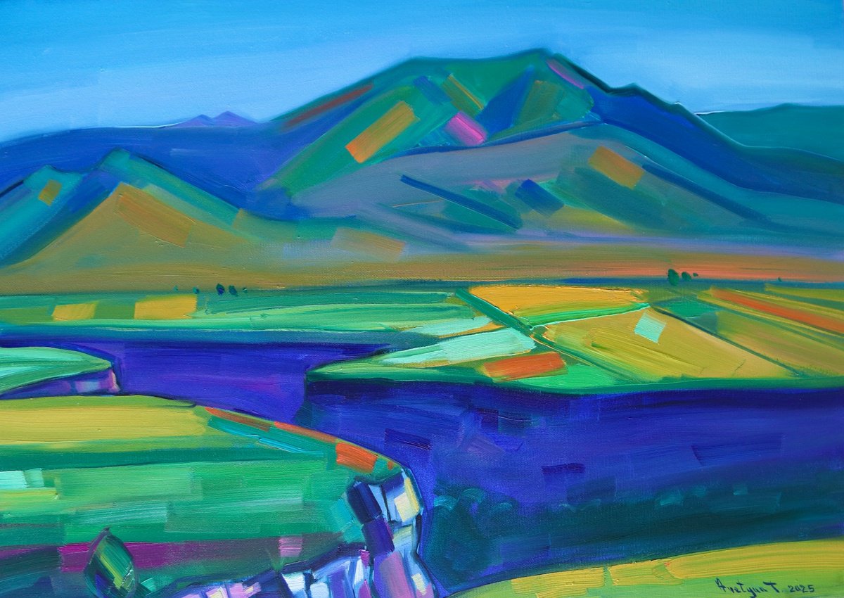 Expressive Landscape Oil Painting By Tigran Avetyan, 28 X 20", Landscape In Lori, Original Artwork