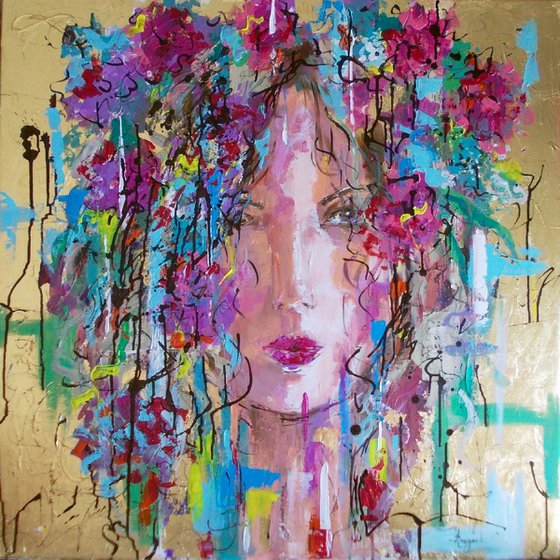 Welcome Spring -Woman portait acrylic painting on canvas