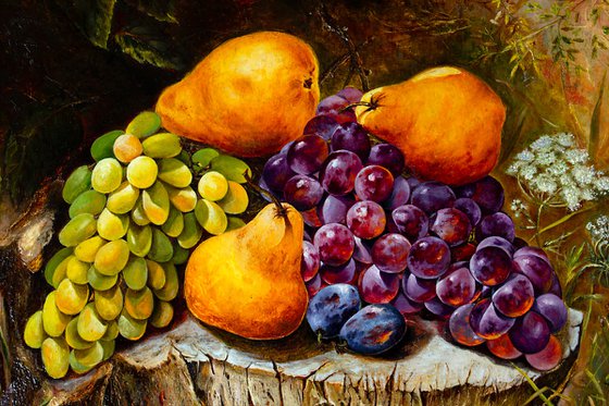 Still life with pears and grapes on an old tree stump