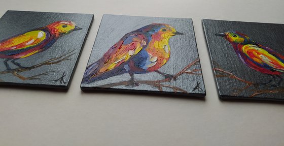 Triptych - birds, birds in love, oil painting, colored birds, love, for lovers, small birds, animals