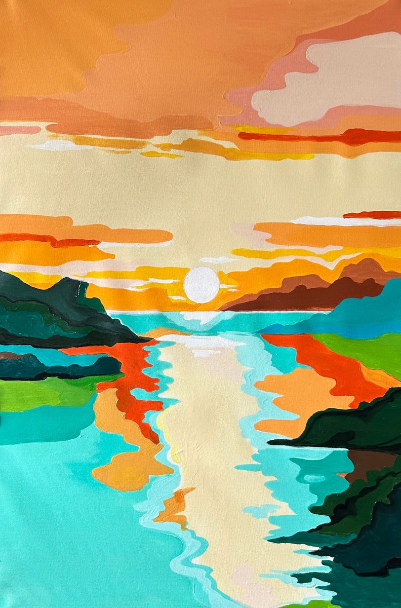 Expressive Landscape Acrylic Painting By Alexandra Dobreikin, 20 X 28, Vanilla Sunset, Original Artwork