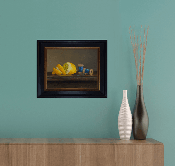 Still life with lemons and cotton bobbins (24x31 cm, oil on panel, 32x39cm framed)