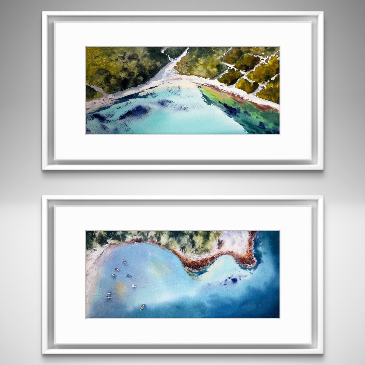 Impressionistic Landscape Watercolour By Eugenia Gorbacheva, 12 X 12, The Sea From The Sky (Diptych), Original Artwork