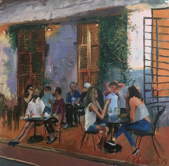 South Tel Aviv’s Cafeteria, People eating, oil painting