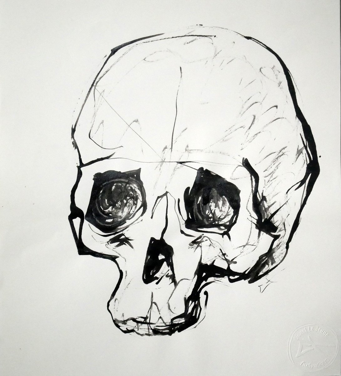 Expressive Portrait Ink Drawing By Lionel Le Jeune, 11 X 12", Skull, Original Artwork