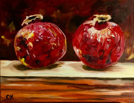 Still life with two  Pomegranates fruits still life original oil painting on canvas wall decor