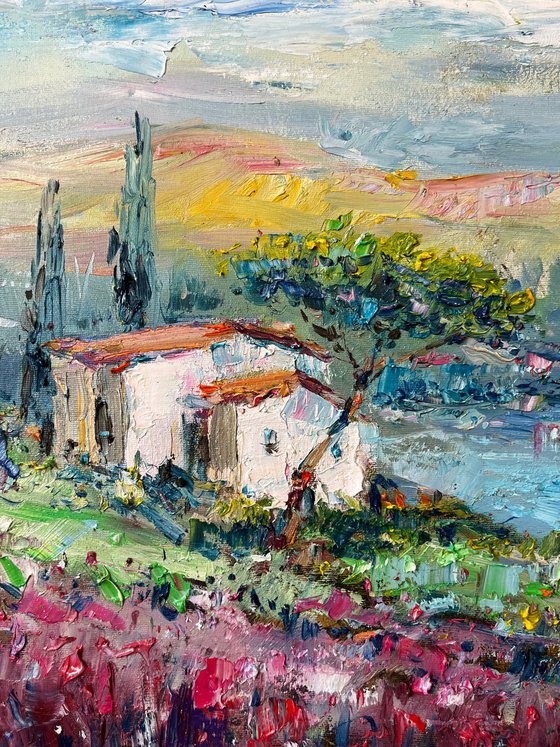 Springtime in Garda / Gardasee, oil painting with Italian golden frame.