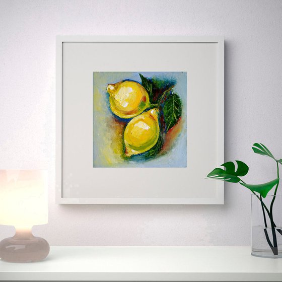 Lemon Painting Original Art Fruit Artwork Citrus Wall Art Small Square Kitchen Decor