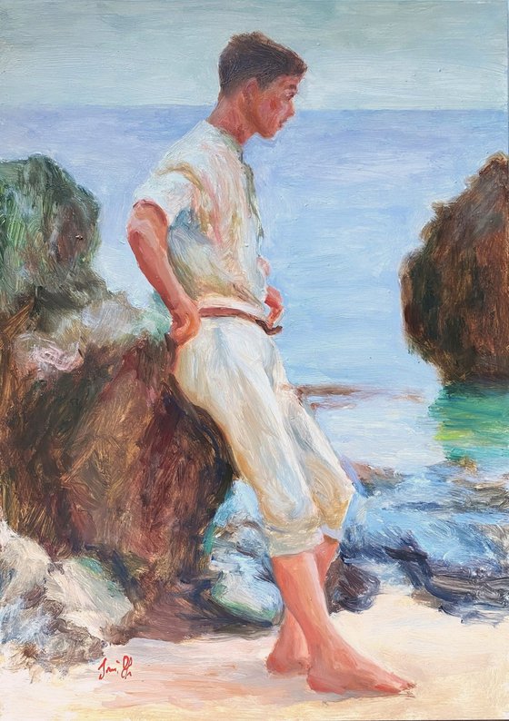 Impressionist style Male figure oil painting, with wooden frame.