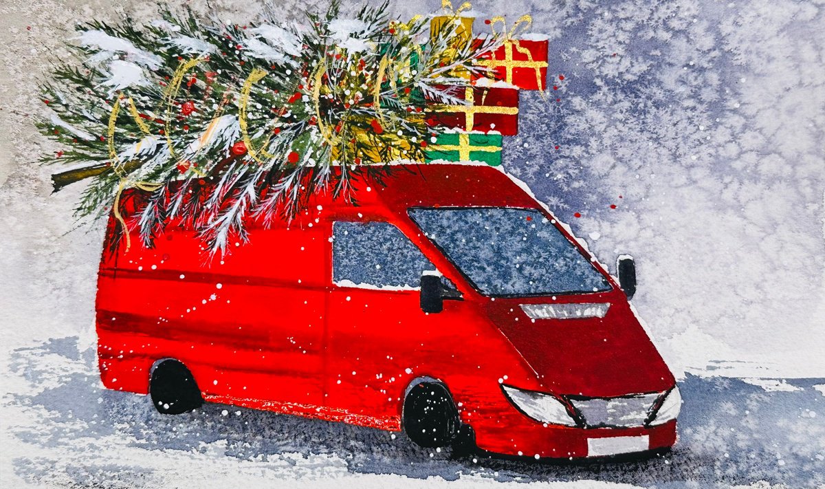 Christmas Red bus with many presents New year by Yuliia Sharapova