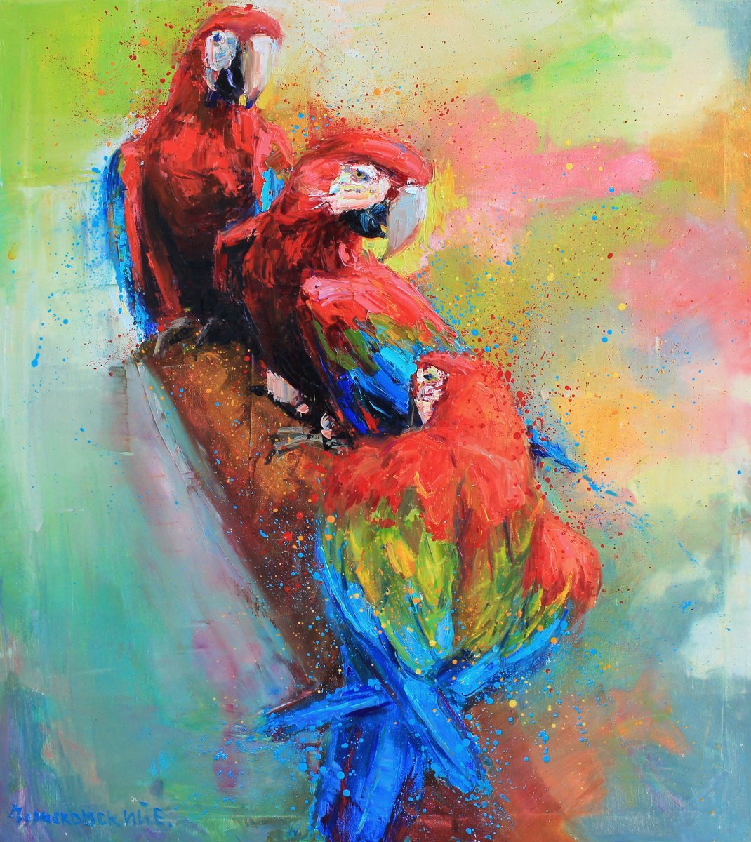 Red Parrots By Evgeny Chernyakovsky, 27 X 31, Artwork For Sale On Artfinder