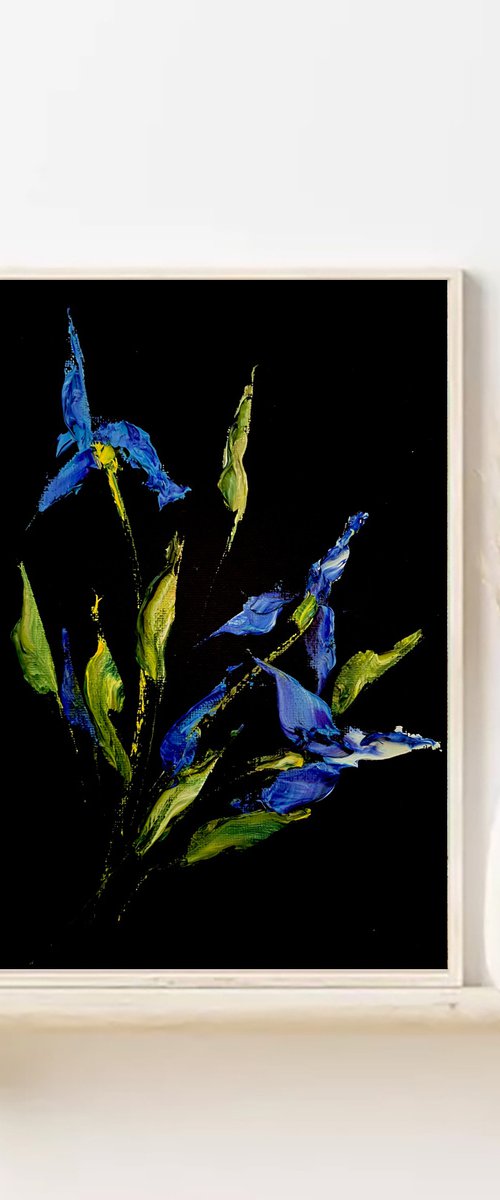 IRISES AND HERBS 4 - Black painting. Black 3d flowers miniature. by Marina Skromova
