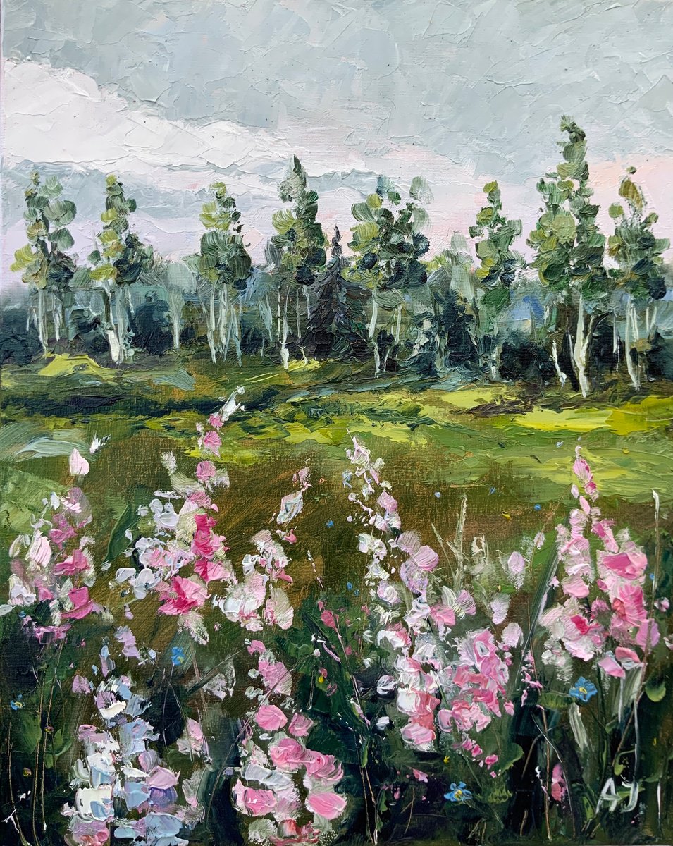 In the Meadow - bluebonnet, wildflowers, birch tree by Alexandra Jagoda (Ovcharenko)