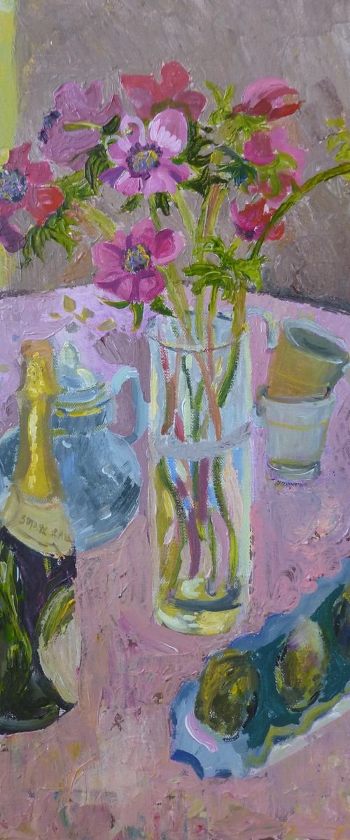 Anemones and bottle by Lynda  Hopkins