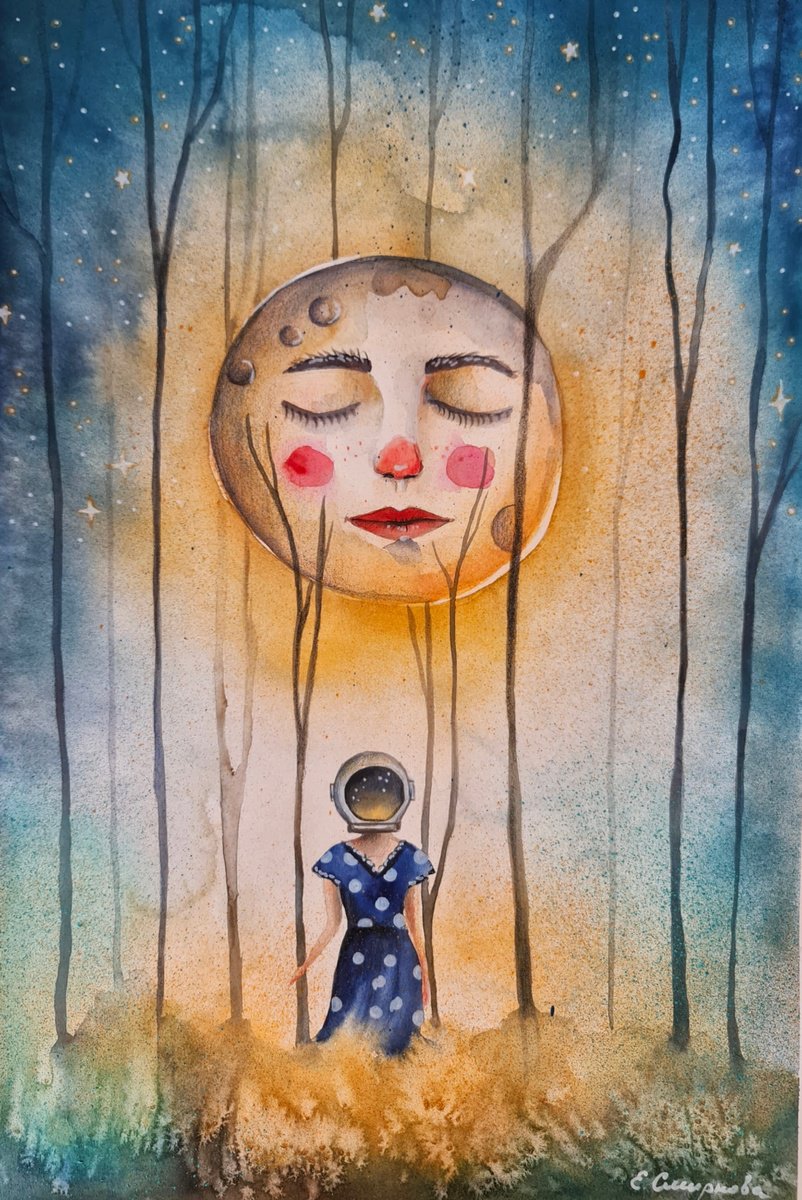 Surrealistic Landscape Painting By Evgenia Smirnova, 15 X 22, When The Moon Closed Her Eyes, Original Artwork