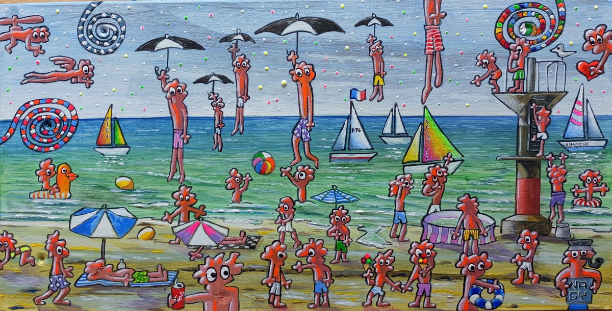 Cartoon Landscape Acrylic Painting By Peter Nagy, 13 X 6", Plongeoir, Original Artwork