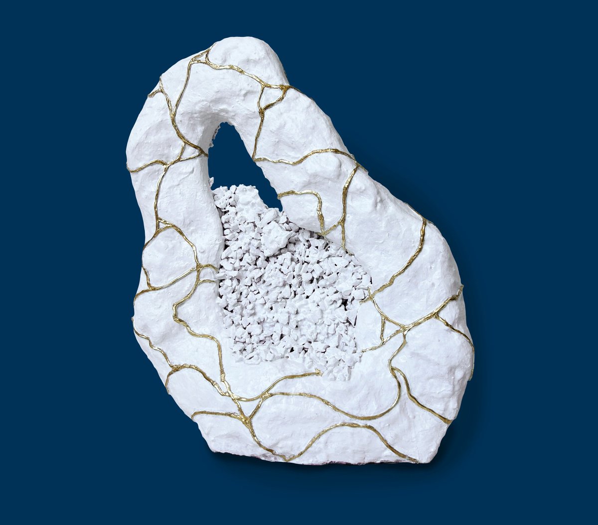 Organic Still Life Sculpture By Alexandra Dobreikin, 12 X 16, 3D White Geode With Gold Veins, Original Artwork