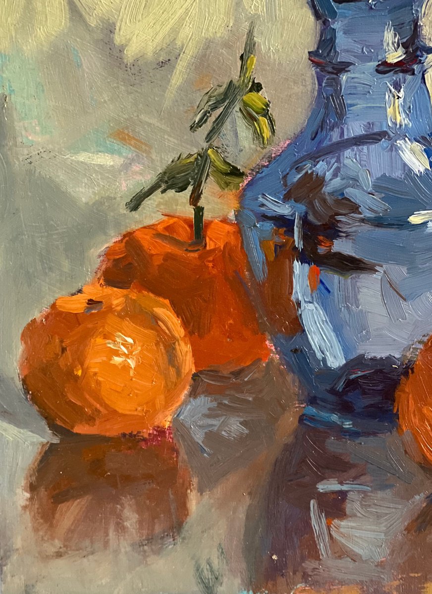 Expressive Still Life Oil Painting By Nithya Swaminathan, 8 X 8", Oranges With Some Blue, Original Artwork