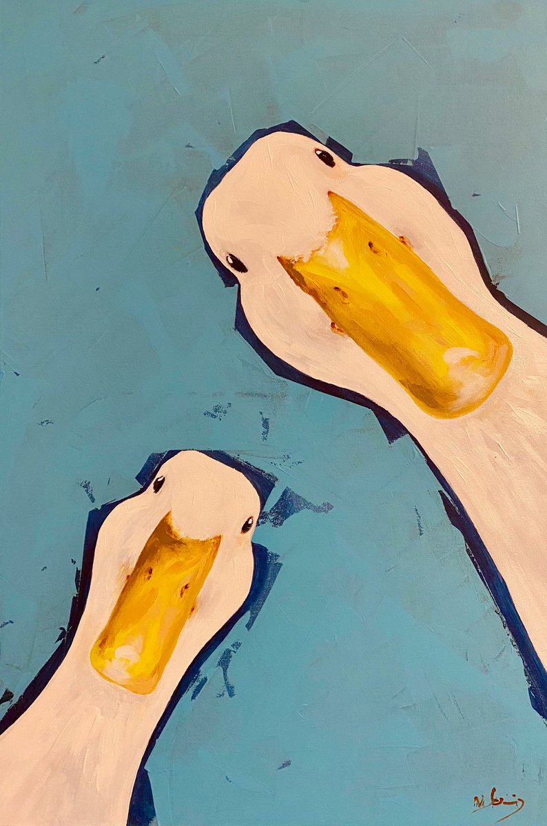 Photorealistic Animal Acrylic Painting By Mark Skirving, 20 X 30", Two Ducks, Original Artwork