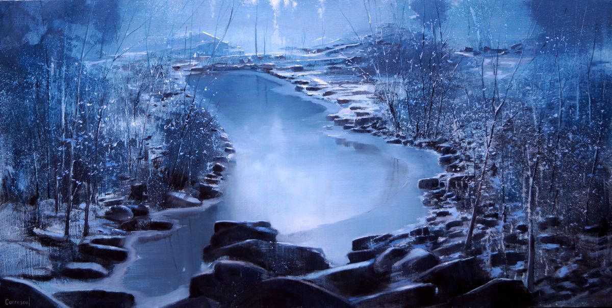 Expressive Landscape Oil Painting By Rafael Carrascal, 47 X 24", "Blue Winter". 120X60, Original Artwork