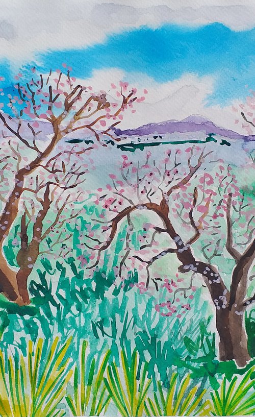 Almond blossom in Sierra Gordo Not available currently exhibiting in Regeneration Art exhibition London by Kirsty Wain